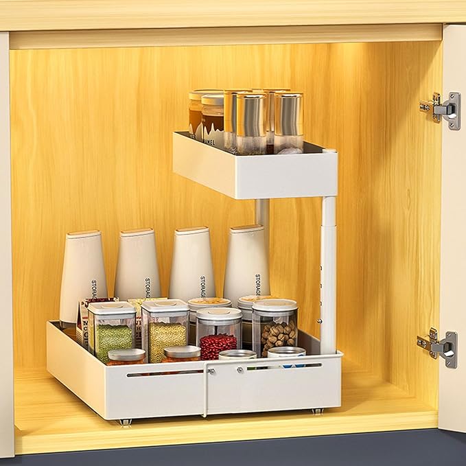 Under Sink Organiser,2 Tier Pull Out Cabinet Organiser,Height Adjustable Out Cabinet Drawer,Multi-Purpose Slide Out Storage Shelves for Home,Kitchen,Bathroom (White) (White)