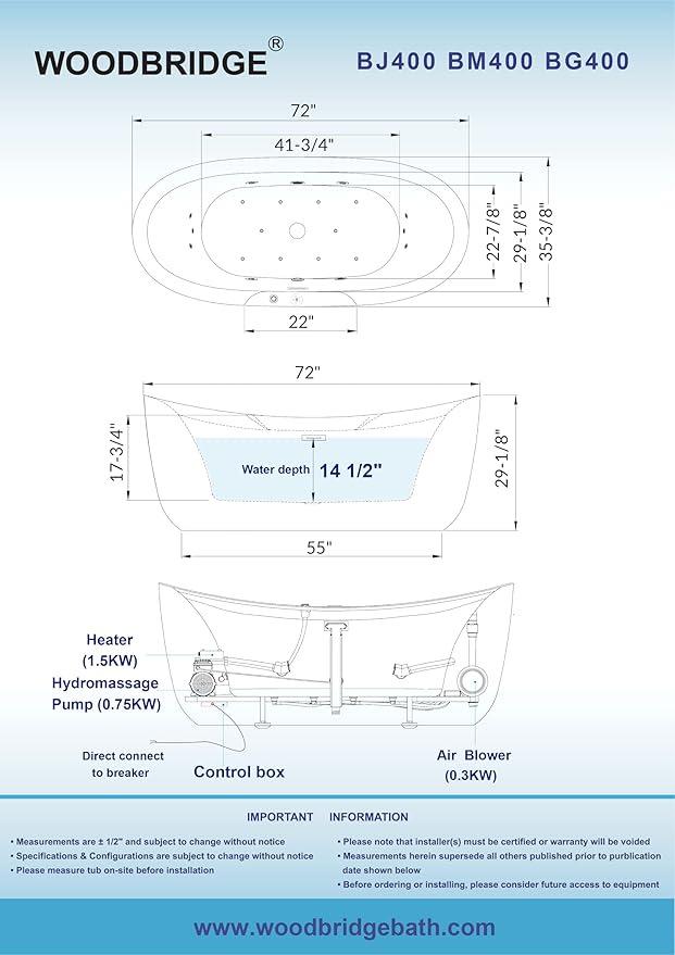 WOODBRIDGE 72" x 35-3/8" Whirlpool and Air Bath Heated Soaking Combination Tub with Adjustable Speed Air Blower and Display Control Panel, Brushed Gold Finish Trim and Drain Kit, BG400