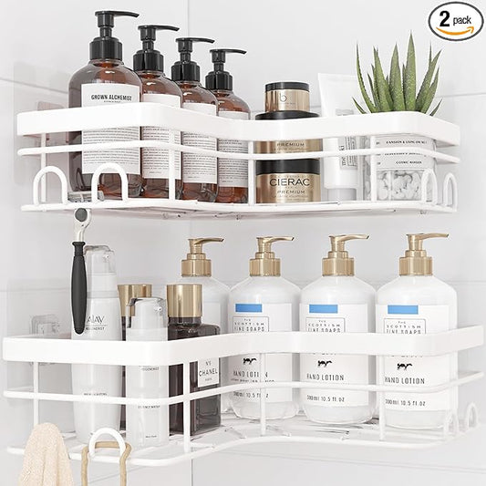 Corner Shower Caddy - 2 Pack, Adhesive Shower Organizers, Rustproof Stainless Steel Shower Shelves with 8 Hooks, No Drilling Bathroom Organizers and Storage Racks, Space-Saving, White, X-Large