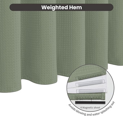 Inhousolu No Hook Waffle Weave Shower Curtain with Removable Snap in Fabric Liner Set for Bathroom, 230 GSM Heavy Duty Weighted Hem, Water Repellent Washable Bath Curtains, 72 x 78 Inch, Sage Green