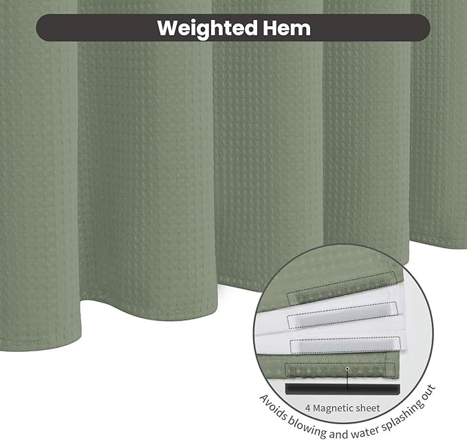 Inhousolu No Hook Waffle Weave Shower Curtain with Removable Snap in Fabric Liner Set for Bathroom, 230 GSM Heavy Duty Weighted Hem, Water Repellent Washable Bath Curtains, 72 x 84 Inch, Sage Green
