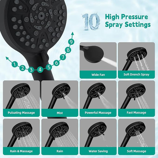 Hibbent High Pressure cUPC Certified 10-mode Shower Head, Handheld Showerhead with Adjustable Brass Joint Holder, 71" Metal Hose, Anti-clog Nozzles, Built-in Power Wash to Clean Tub & Pets, Black