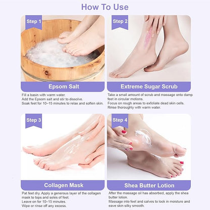 Epsom Salt Soak, Callus Remover Gel, Extreme Sugar Scrub, Collagen Mask & Shea Butter Lotion – Professional Spa Foot Care System 5 Step Luxury Pedicure Kit. Orange 12 Set