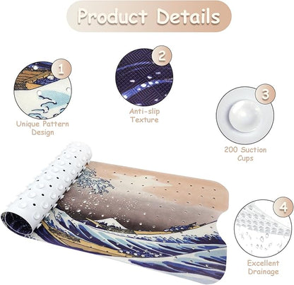 Bathtub Mat Non Slip, Japanese Wave Extra Long Bath tub Mat Shower Floor Mat with Suction Cups and Drain Holes for Adults Kids Elderly 40 X 16 Inch