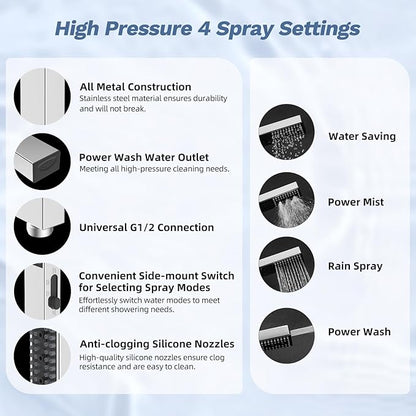 Hibbent 5-spray Filtered Rainfall Shower Head Combo, High Pressure 13'' Showerhead with Stainless Steel 4 Spray Modes Handheld, All Metal 4-way Diverter Arm with Pause Mode, 71'' Hose & Holder, Chrome