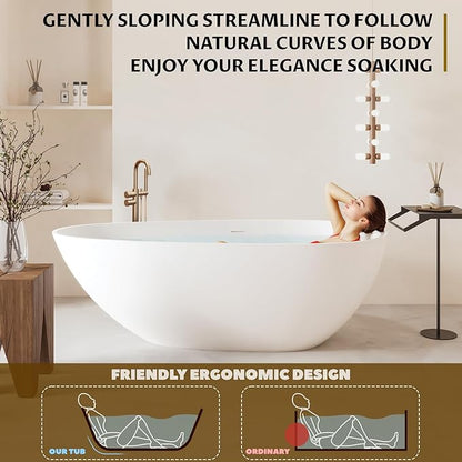 67 in Solid Surface Freestanding Bathtub, Contemporary Oval Shape Soaking Tub, Egg Shell Stone Resin Stand Alone Bathtub With Pop-Up Drain and Overflow, Cupc Certified,Matte White