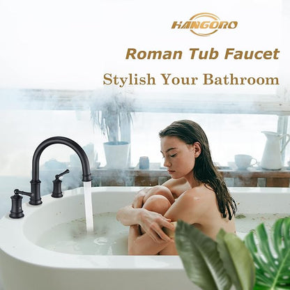 Matte Black Roman Tub Faucet, Antique Bathtub Faucet Set 3 Hole, High Flow Bath Tub Faucet 12-16 inch Widespread, Solid Brass Tub Filler 2 Handle 360° Swivel Spout Rough-in Valve(B2307-BK)