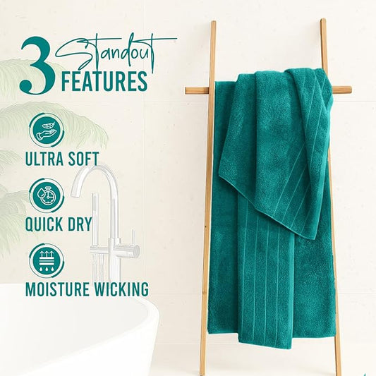 DAN River Extra Large Bath Towels Set of 4, 30 x 60 Inches - 100% Cotton Larger & Lighter Weight Towels for Bathroom - Quicker to Dry, Super Soft & Highly Absorbent Towels for Home, Teal