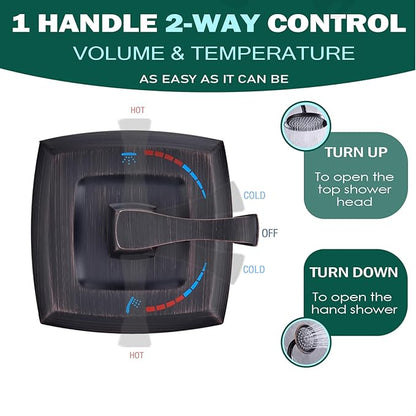 Oil Rubbed Bronze Shower Valve 2 Way Diverter with Single Handle Trim Kit, Dual-Function Pressure Balance Shower Faucet Control Kit Brass Rough-In 1/2" NPT Connection