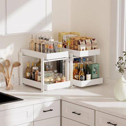 2 Pack Under Sink Organizer, Bamboo Wooden 2-Tier Pull-Out Storage with Sliding Drawers for Kitchen and Bathroom Cabinets, Easy Installation (White, 1 pack)