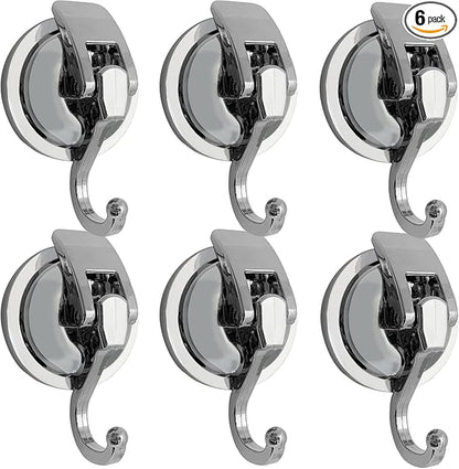 Heavy Duty Suction Cup Hooks for Shower, Bathroom Robe - Vacuum Glass Hooks, Reusable, No Hole Punched, for Garland Decoration (Silver, 6 Pack)