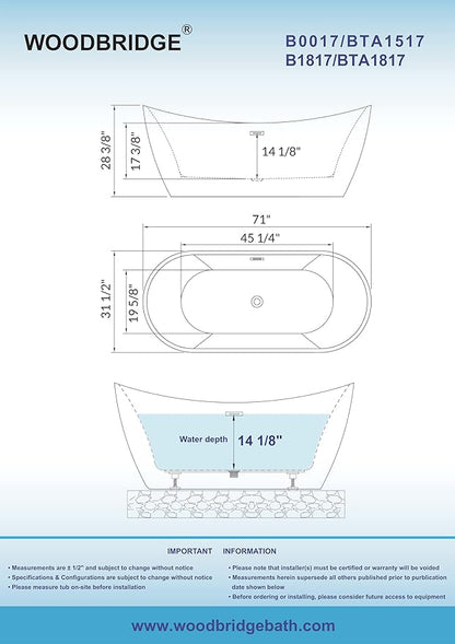 WOODBRIDGE 71" Acrylic Freestanding Bathtub Contemporary Soaking Black Tub with Matte Black Overflow and Drain,Black,B1817-MB