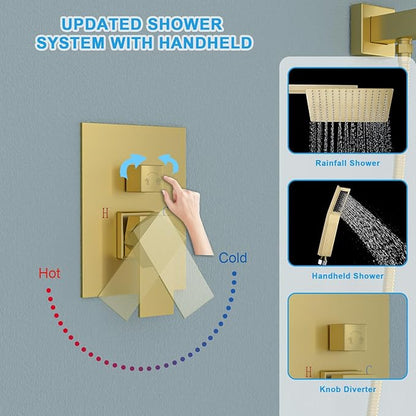 Lordear 12 Inch Rainfall Shower System Wall Mounted Shower Head Faucet Set Gold Brushed Stainless Steel Showerhead with Handheld Combo, Brass Valve Included