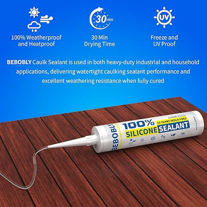 Silicone Caulk & Sealant Clear, 100% Waterproof Silicone Sealant, Shrink & Crack Proof, Silicone Sealant Caulking for Kitchen, Bathroom, RV, Interior & Exterior Use, 10.2 FL. OZ/300ML, 12 Pack