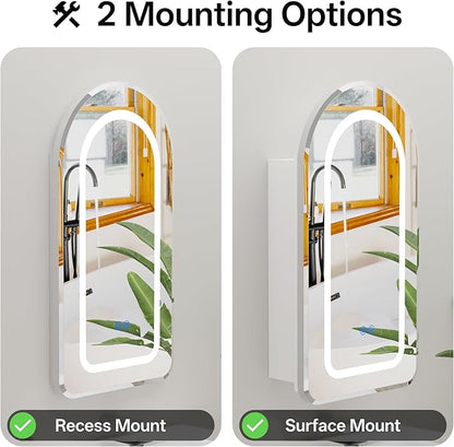 LED Arched Bathroom Medicine Cabinet with Mirror, No Assembly Needed, Recessed or Surface Mount Wall Storage Cabinet, Mirror Cabinet with Tissue Slot (Bevel-LED, 29.5" L x 15.7" W)
