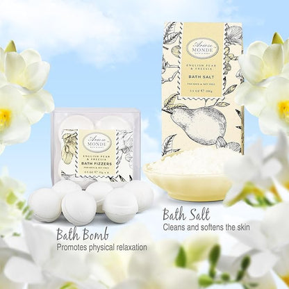 Bath & Shower Spa Gift Basket Set, with English Pear & Freesia Fragrance Bath Gift Basket for Women & Men Includes Body Lotion, Shower Gel, Bath Salts, Bubble Bath, Body Scrub and More, 9 Pcs