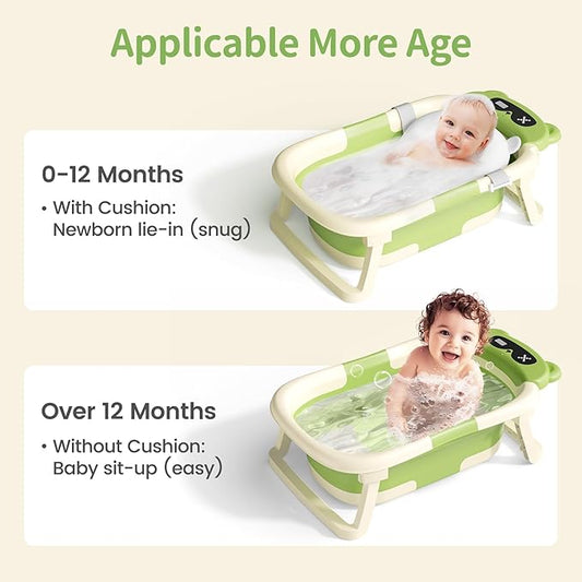 Collapsible Baby Bathtub for Newborn to Toddler (0-18 Months) - Foldable Baby Bath Tub with Soft Towel, Newborn& Infant Bathtub for Travel and Outdoor, Green