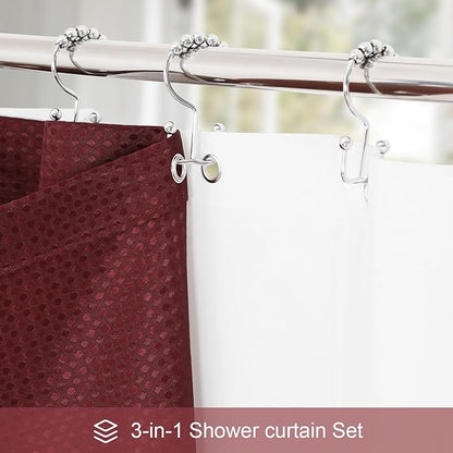 3 in 1 Long Burgundy Shower Curtain Set-72 W x 78 H, Modern Waffle and PEVA Liner Set with 12 Stainless Steel Hooks, Waterproof Fabric for Bathroom