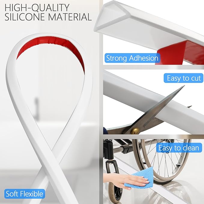 Shower Threshold Water Dam Guard - Self-Adhesive Silicone Waterproof Barrier, Water Stopper Shower Door Bottom Seal Strip Shower Splash Guard for Bathroom Kitchen Bathtub (59in, White)