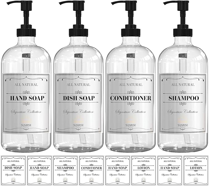 16 OZ Clear Glass Soap Dispenser with Pump, Hand and Dish Soap Dispenser Set for Bathroom with 12 Waterproof Labels, Pack 4