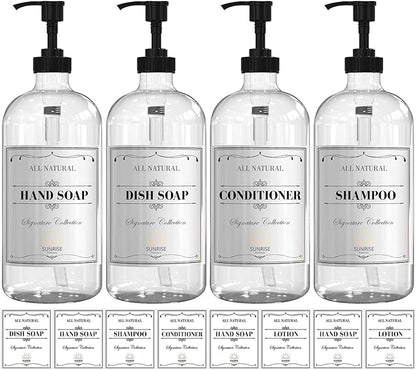 16 OZ Clear Glass Soap Dispenser with Pump, Hand and Dish Soap Dispenser Set for Bathroom with 12 Waterproof Labels, Pack 4