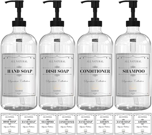 16 OZ Clear Glass Soap Dispenser with Pump, Hand and Dish Soap Dispenser Set for Bathroom with 12 Waterproof Labels, Pack 4
