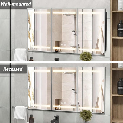 APRILSOUL 60X32 Inch Silver Bathroom Medicine Cabinet with Mirror, Recessed or Surface Lighted Medicine Cabinet with 3 Colors Temperature, Dimmable Light