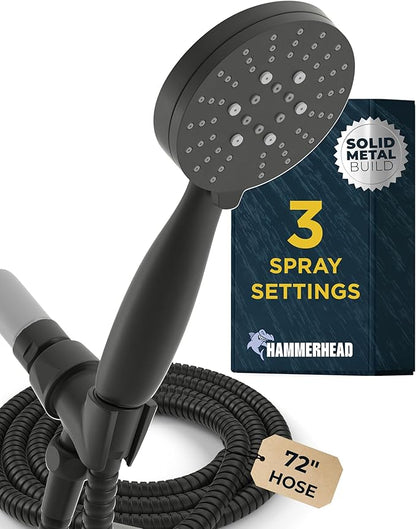 HammerHead Showers® Solid Metal 3-Spray Handheld Shower Head with Long Hose and Holder - MATTE BLACK - 2.5 GPM High Pressure Shower Head with Handheld Sprayer - WIDE, MASSAGE, and MIST Sprays