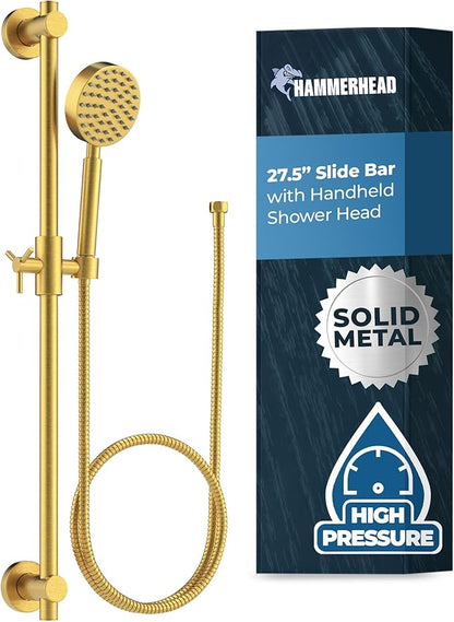 HammerHead Showers® Solid METAL 27.5 Inch Shower Slide Bar Set and Handheld Shower Head with Hose — BRUSHED GOLD — 2.5 GPM High Pressure Spray Wand — Easily Adjust Height & Angle of Handshower