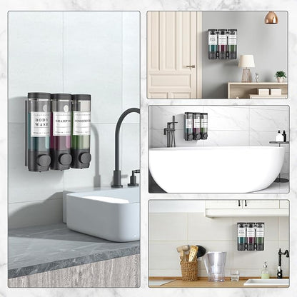 Shower Soap Dispenser Wall Mounted No Drill Shampoo Dispenser for Shower Wall Shampoo and Conditioner Dispenser Bathroom Hotel 3 * 300ml Black with Waterproof Labels
