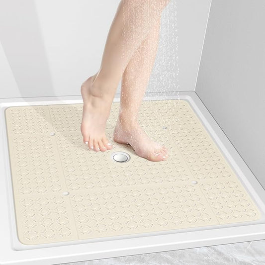 OTHWAY Square Shower Mat, 27"x 27" Extra Large Shower Mats for Inside Shower, TPE Anti Slip Shower mat with Suction Cups Drain Holes, Machine Washable Shower Floor Mat (Beige)
