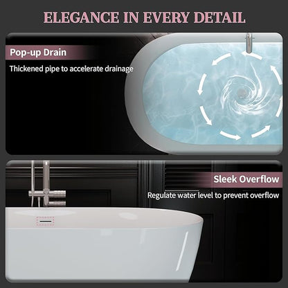 ABRUZZO 63" Acrylic Freestanding Bathtub - Oval Deep Soak Tub, Center Drain & Overflow, cUPC Certified Glossy White