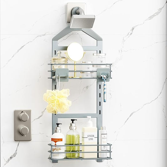 Orimade Adjustable Anti-Slip Shower Caddy Over Shower Head, Rustproof Bathroom Hanging Shower Organizer with 2 Hooks for Razor, No Drilling Shower Shelves Storage Rack 2 Tier, Light Grey
