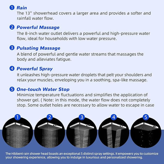 Hibbent 5-spray Filtered Rainfall Shower Head Combo, High Pressure 13'' Showerhead with 10 Spray Modes Handheld, All Metal 3 way Diverter Shower Arm, 71'' Hose and Holder, Chrome
