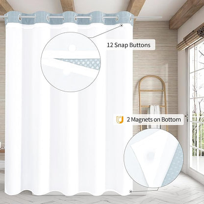 MitoVilla No Hooks Needed Blue Waffle Shower Curtain Liner Set, Modern Waffle Weave Heavy Duty Fabric Cloth Shower Curtain with Snap-in Liner for Luxury Neutral Hotel Spa Bathroom Decor