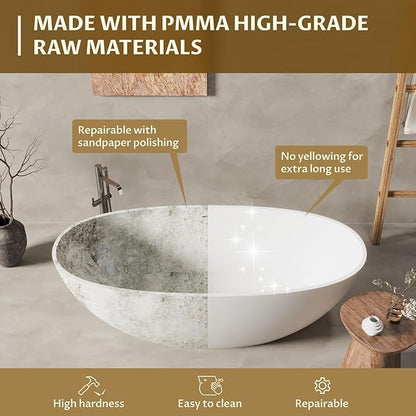GarveeLife Freestanding Solid Surface Bathtub 65 Inch – Matte White Stone Stand Alone Soaking Tub with Ergonomic Curves, Deep Modern Bathtub for Luxury Main Bathroom