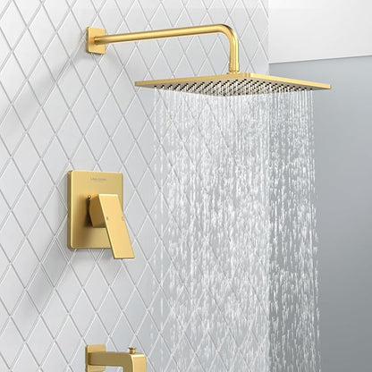 Lava Odoro 12-inch Square Bathtub and Shower Faucet Set Brushed Gold, Shower Trim Kit with Rough-in Valve High Pressure Gold Rainfall Shower Head and Handle Set, (Valve Included), SF106-SG-T