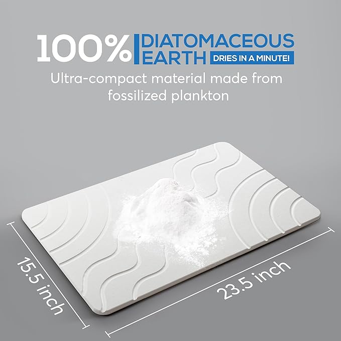 Stone Bath Mat – Quick Drying Diatomaceous Earth Bath Mat, Super Absorbent Bathroom Stone Mat, Non-Slip Shower Stone Mat, Modern Water Absorbing Bath Mat for Bathroom & Kitchen (23.6” x 15.3”, White)