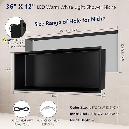 36" X 12" Stainless Steel Shower Niche, LED Shower Niche No Tile Needed with 3000K LED Warm Light Recessed Shower Wall Shelf for Bathroom Storage, with Remote Control, Matte Black