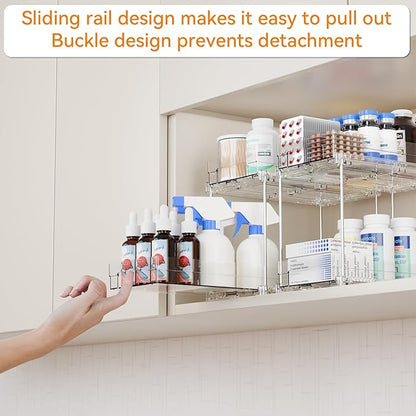 Yieach 4 Set Clear Pull Out Bathroom Organizers and Storage,2 Tier Under Sink Organizer and Medicine Cabinet Organizer,Small Slide Out Drawers for Pantry,Under Cabinet,Kitchen Storage and Organization