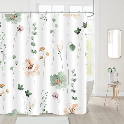 Gibelle Watercolor Floral Shower Curtain, Sage Green Beige Flower Shower Curtain for Bathroom, Modern Minimalist White Waterproof Fabric Shower Curtain Set 72x72 Inch
