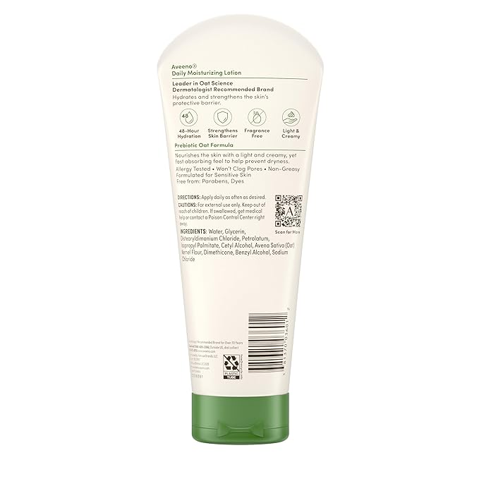 Aveeno Daily Moisturizing Body Lotion, Body Lotion for Dry Skin with Prebiotic Oat, Paraben Free, Fragrance Free, Non-Greasy, Non-Comedogenic Moisturizer, 8 FL OZ