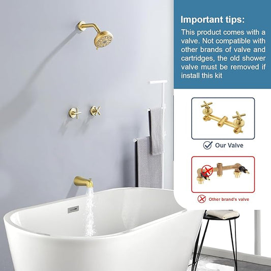 2 Handles Shower Faucet Set with Tub Spout Bathtub Shower Faucet Combo Set Shower System Complete Tub and Shower Trim Kit Brushed Gold Wall Mounted Shower Fixtures
