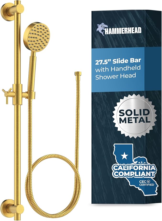 HammerHead Showers® Solid Metal 27.5 Inch Shower Slide Bar Set and Handheld Shower Head with Hose — BRUSHED GOLD — 1.75 GPM Low Flow Spray Wand — Easily Adjust Height & Angle of Handshower