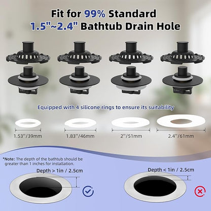 Universal Bathtub Drain Stopper Shower Drain Hair Catcher, Tub Stopper with Visible Top Strainer, Upgraded 3 in 1 Pop-up Drain Plug Fit for 1.5 to 2.4" Hole, Stainless Steel Filter Basket, Matte Black