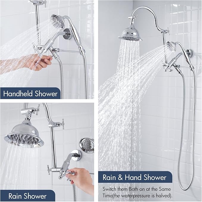 Bagnolux Solid Brass 6" High Pressure Rain Shower Head Combo with 21" Extension Arm - Wide Rainfall Showerhead with 3.3" Handheld Water Spray - Adjustable Dual Showerhead with 71" Shower Hose, Chrome
