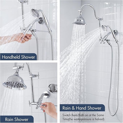 Bagnolux Solid Brass 6" High Pressure Rain Shower Head Combo with 21" Extension Arm - Wide Rainfall Showerhead with 3.3" Handheld Water Spray - Adjustable Dual Showerhead with 71" Shower Hose, Chrome