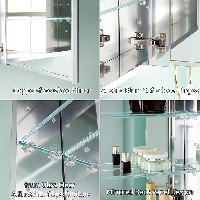WELLFOR 60" x 30" Rectangle Medicine Cabinet Mirror, Surface Mount or Recessed Medicine Cabinet with Tempered Mirror, Anodized Chrome Aluminum Frame, Bathroom Mirror with Storage