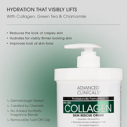 Advanced Clinicals Collagen Cream + Puffy Eye Face Serum 2pc Set | Collagen Body Lotion & Brightening Under Eye Serum | Fragrance Free | Skin Care Products, 2pc Bundle