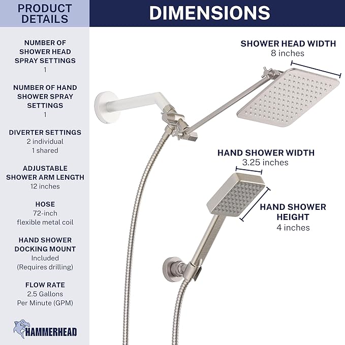 HammerHead® Solid Metal Dual Shower Head Combo — 8" Square Rain Shower Head with Handheld, 12" Adjustable Arm & Wall-Mount Holder for Flexible Installation — Brushed Nickel